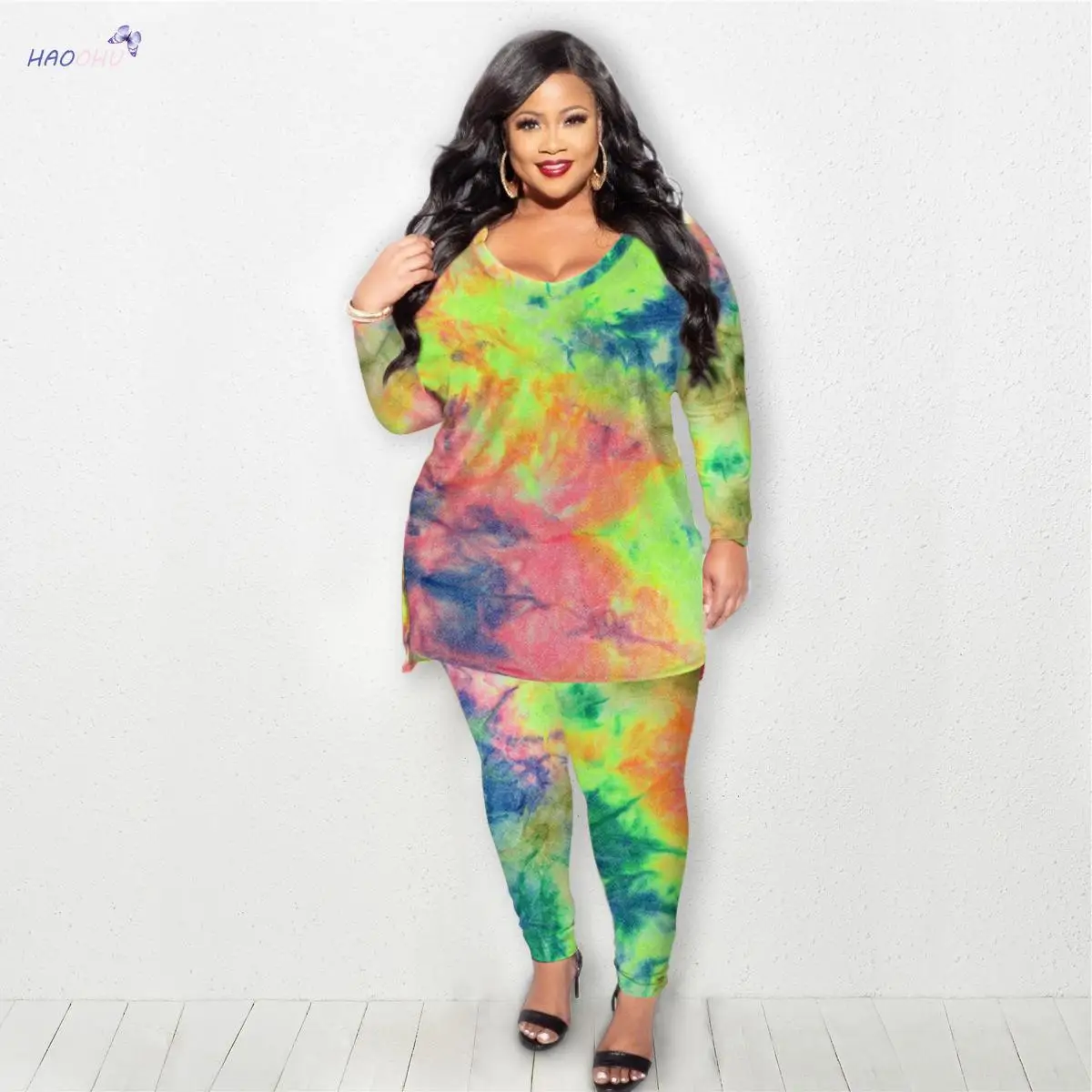 

Women Clothing Sets Plus Size 2021 Autumn Winter New Flannel Sports Fashion Tie-Dyed Suits Urban Casual Home Two-Pieces Large