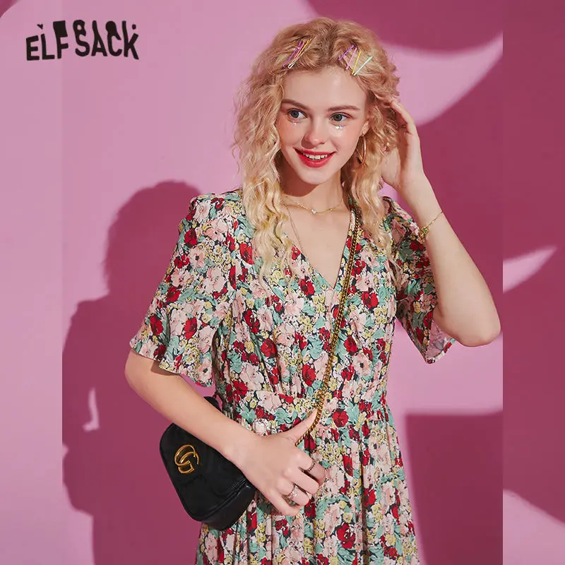 ELFSACK Multicolor Disty Floral Print Casual Midi Chiffon Dresses Women 2020 Summer ELF High Waist Korean Ladies Holiday Dress | Женская