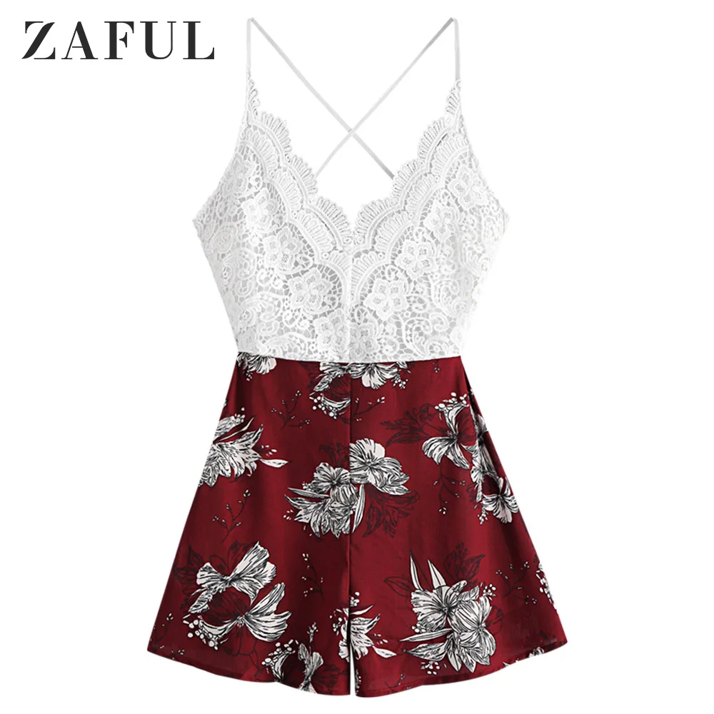 ZAFUL Сексуальные Короткие плиссированные платья на бретельках завязанные на спине кружевные панели Цветочные Cami Romper кружевная панель вырез тонкий слинг платье сплошной цвет