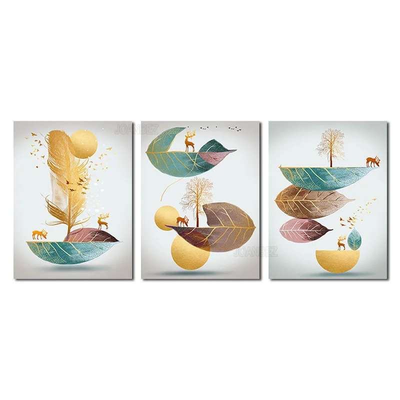 

Landscape Canvas Painting Nordic Style Green Brown Pink Gold Leaf Shape On The Ground Tree with Elk Motif Background Decoration