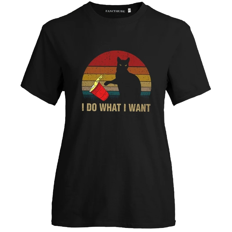 Милая кошка I Do What I Want винтажная женская футболка женская мужская футболка с длинными рукавами топы с круглым вырезом и коротким рукавом - Цвет: W21260BK