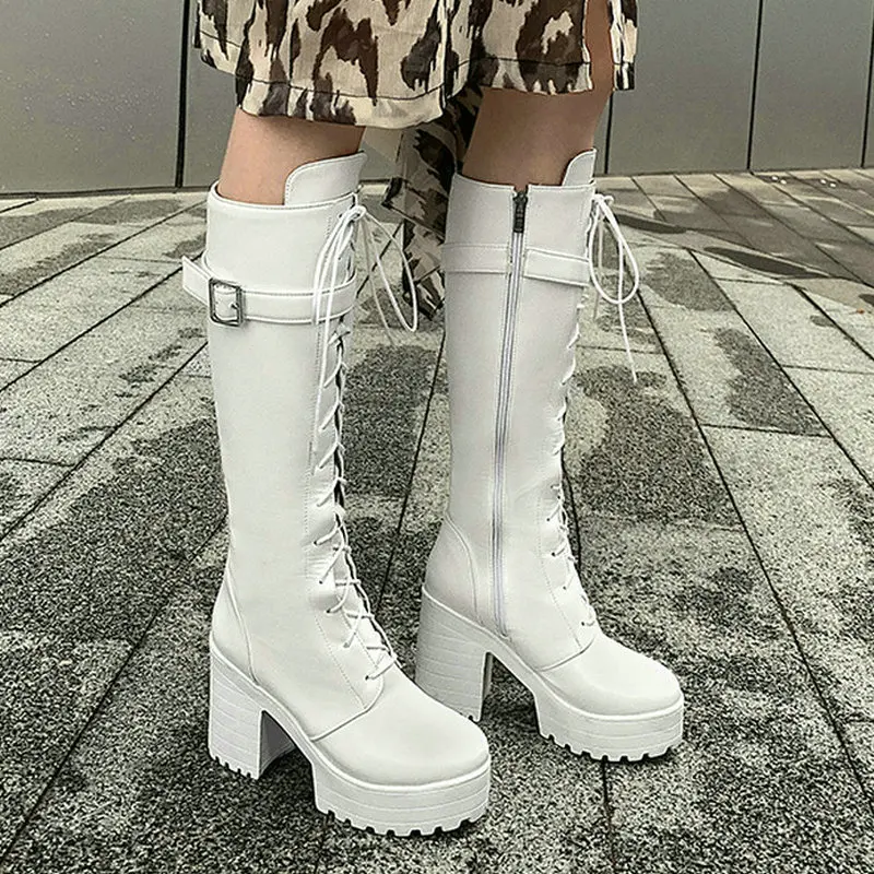 

Fashion Thick Soled Zipper Women Knee High Boots Square High Heels Motorcycle Boots Autumn Winter Ladies Shoes Rider Boots Black