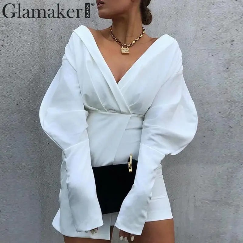 Женское винтажное мини платье Glamaker белое элегантное с v образным вырезом