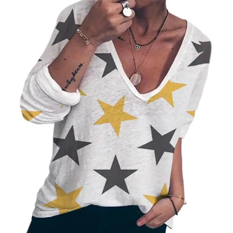 

Женская футболка со звездами, с V-образным вырезом и длинным рукавом, повседневная, весна-осень, 3XL, 2020