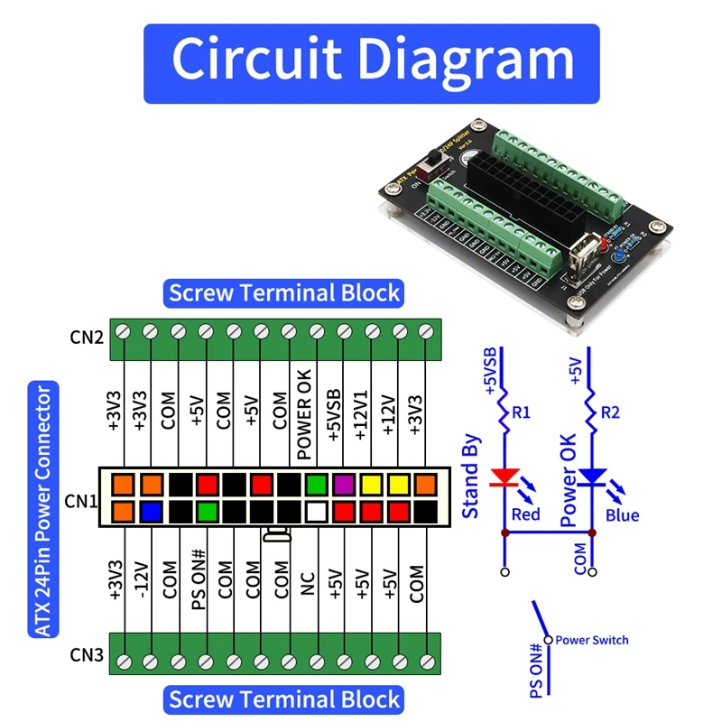 

ATX 24/20 Pin Power Supply Breakout Board Module with USB 5V Port and Acrylic Base