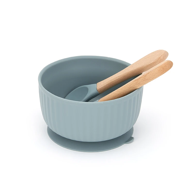 

1~3 Years Old Baby Feeding Bowl Spoon and Fork Set Safe Soft Silicone Food Grade Baby Cute Feeding Bowl Set Ten Colors