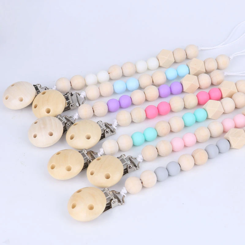 Baby Pacifier Clip Chain Silicone Beads Wooden Holder Soother Clips Nipple for Infant Bottle | Мать и ребенок
