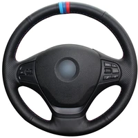 non slip durable black natural leather light blue blue red marker car steering wheel cover for bmw f30 316i 320i 328i