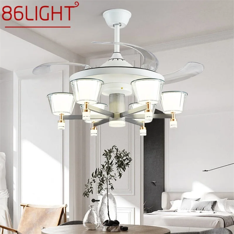 

86LIGHT Lamp With Ceiling Fan White With Remote Control Invisible Fan Blade LED Fixtures Home Decorative For Living Room Bedroom