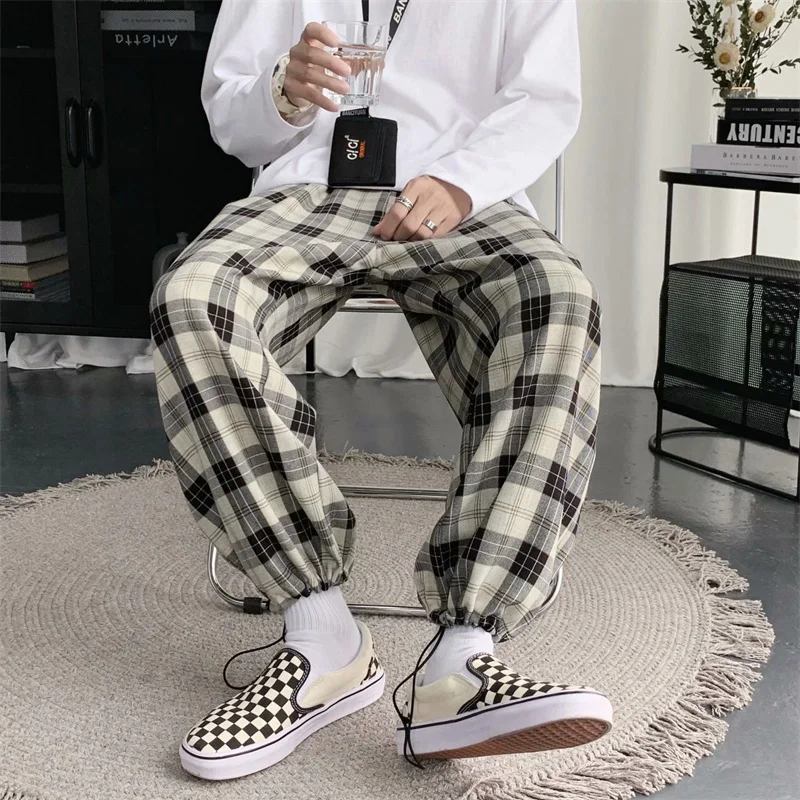 

Повседневные мужские брюки, мужские штаны, в японском ретро стиле, прямые клетчатые брюки, модные Свободные повседневные спортивные брюки, ...