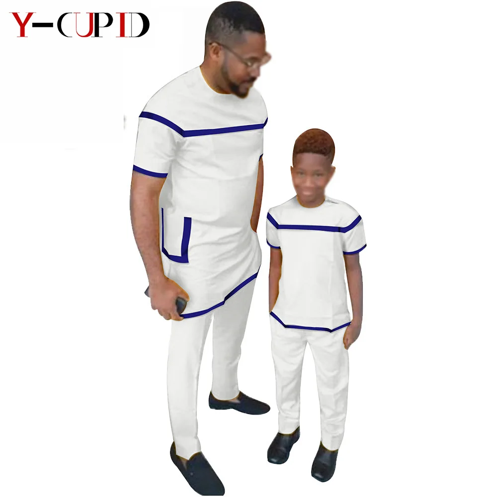 

African Clothes for Men Father and Boys Son 2 Pieces Solid Top and Pants Sets Bazin Riche Custom Family Matching Outfits S20F001