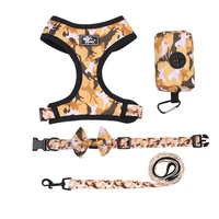 pet product dogs harness leash set with poop bag dispenser printed dog straps collar for chihuahua teddy harness vest 4pcs