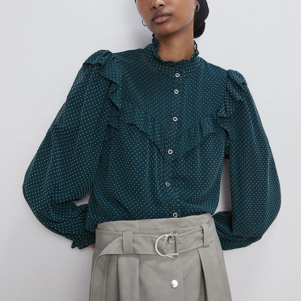 2019 Новинка осени многослойное украшение в горошек шифоновая рубашка с длинным