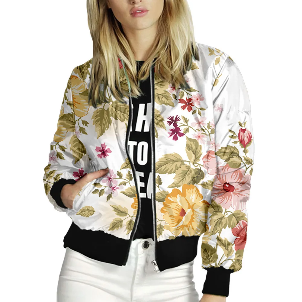 

Women Floral Printed Jackets Ladies Zipper Up Bomber Outwear Spring Autumn Street Style Long Sleeve Slim Casual Pocket Coats