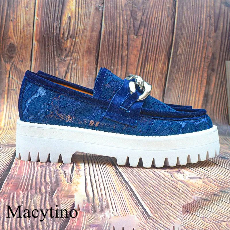 

Metal chain decoration ladies single shoes round toe lace thick heel shoes blue fashion casual shoes