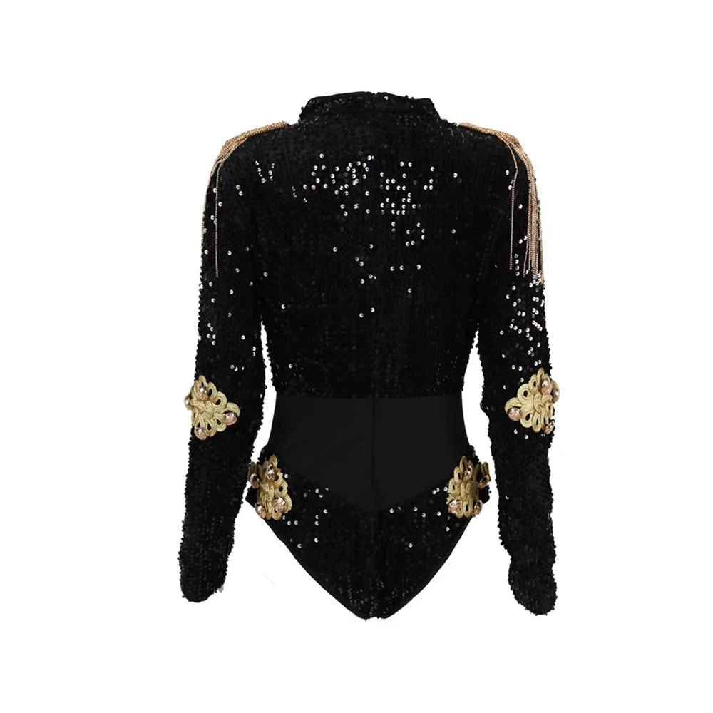 2019 New Fashion Black With Gold Patchwork Sequin Bodysuit Luxury Beads Tassel Bodycon Women Club Bodysuits Wholesale Dropship