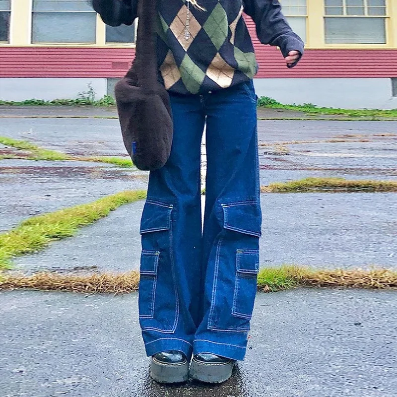 

Fashion Big Pockets Baggy Jeans Girl Vintage High Waist Denim Trousers Hip Hop Loose Straight Pants Streetwear