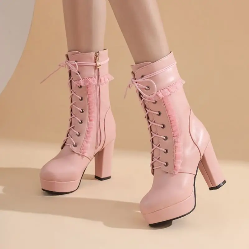 

Taoffen Women Short Half Boots Round Toe Thick High Heel Zipper Cross Strap Platform Shoes Ladies Footwear Plus Size 32-43