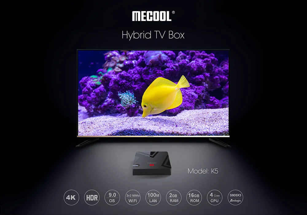 

ТВ-приставка MECOOL K5, android 9,0, Amlogic S905X3, 2,4 ГГц, искусственный Wi-Fi, LAN, 10/100 Мб, bt4.1, 2 ГБ, 16 ГБ, DVB S2/T2/ c