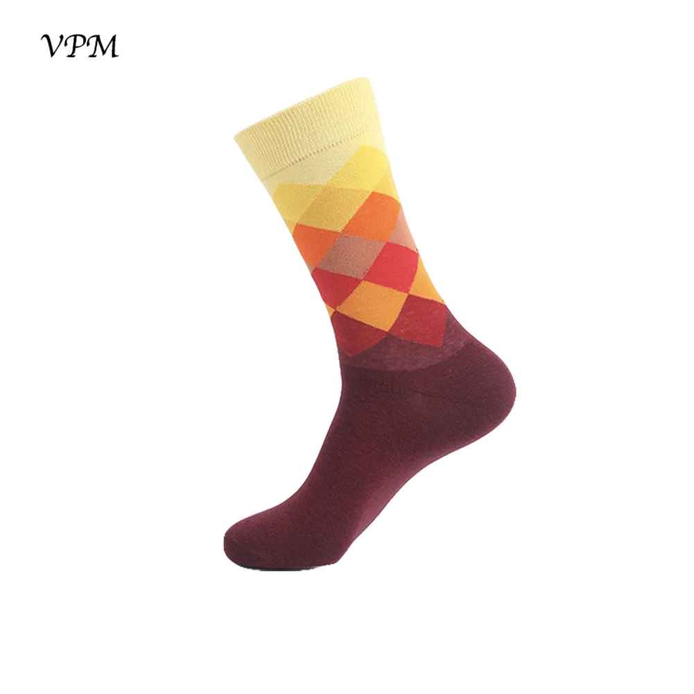 VPM, новинка, цветные мужские носки, узор, Аргайл, картина маслом, полосатый бриллиант, чёсаный хлопок, свадебные носки, лучший подарок - Цвет: Шампанское