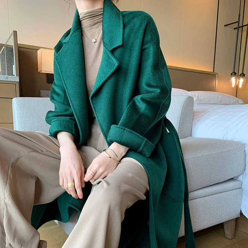 Однотонное длинное двухстороннее пальто из 100% шерсти с ворсом Женская свободная