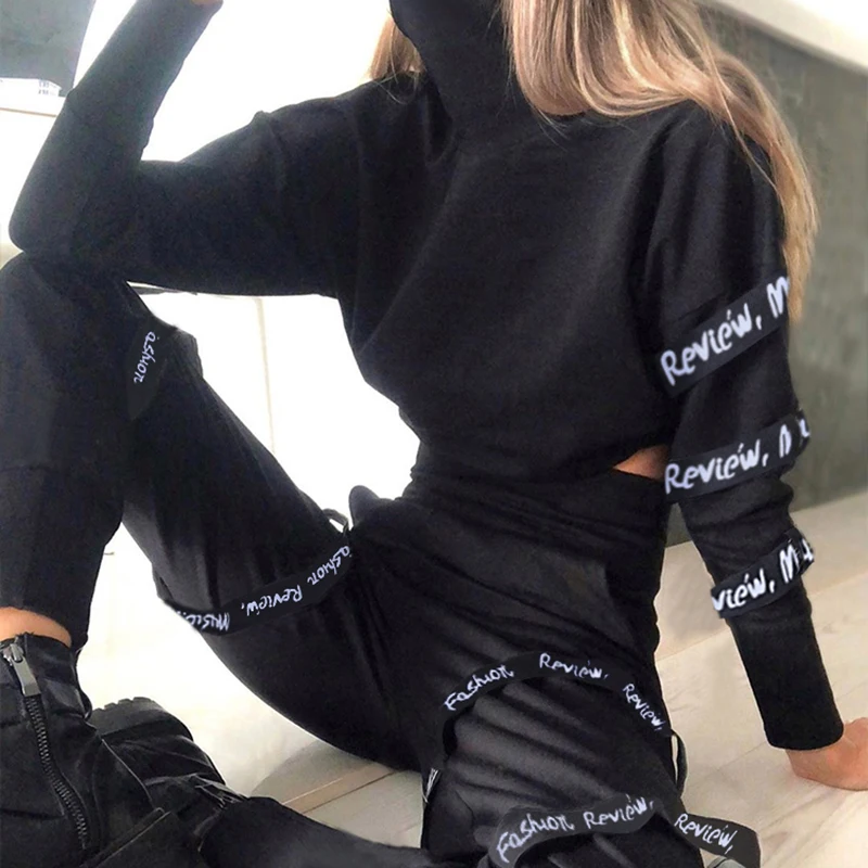 WannaThis/осенне-зимний комплект из двух предметов, укороченный топ с высоким воротником и леггинсы с принтом в стиле пэчворк, черные уличные комплекты с длинными рукавами
