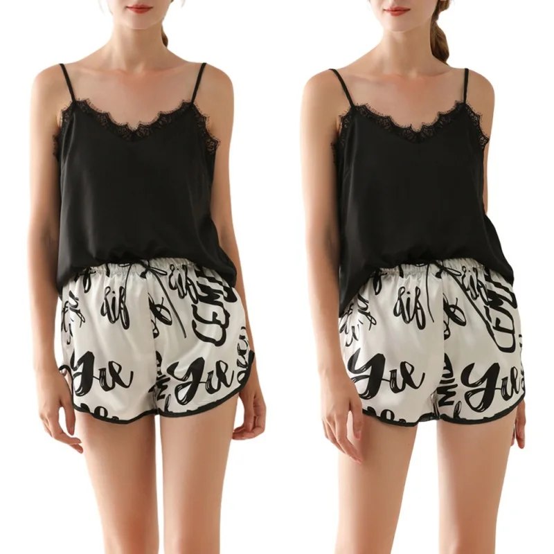

Summer Strap Lace Pajama Set Womens Sleeveless Pyjamas Shorts Set Ladies Lace Sleepwear Suit Fashion Sets