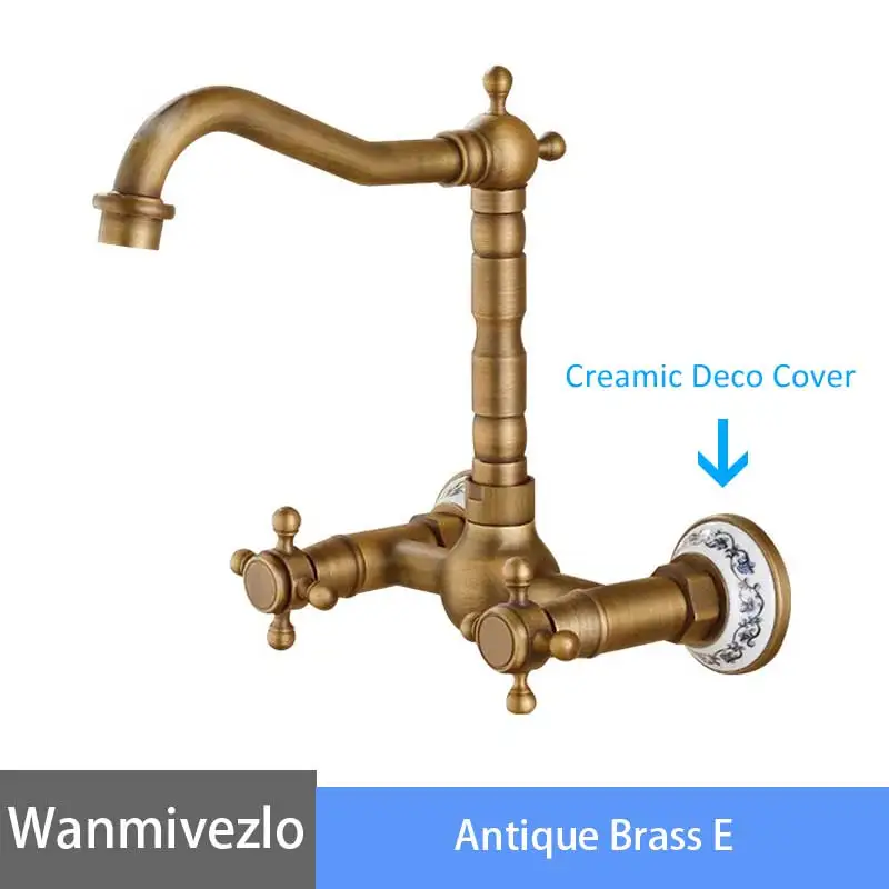 Antique Brass E Черный бронзовый кран для ванной комнаты, настенный кран для раковины, кран с двойной ручкой и вращением на 360 градусов, кран для холодной и горячей воды, Смеситель torneira - Цвет: Antique Brass E