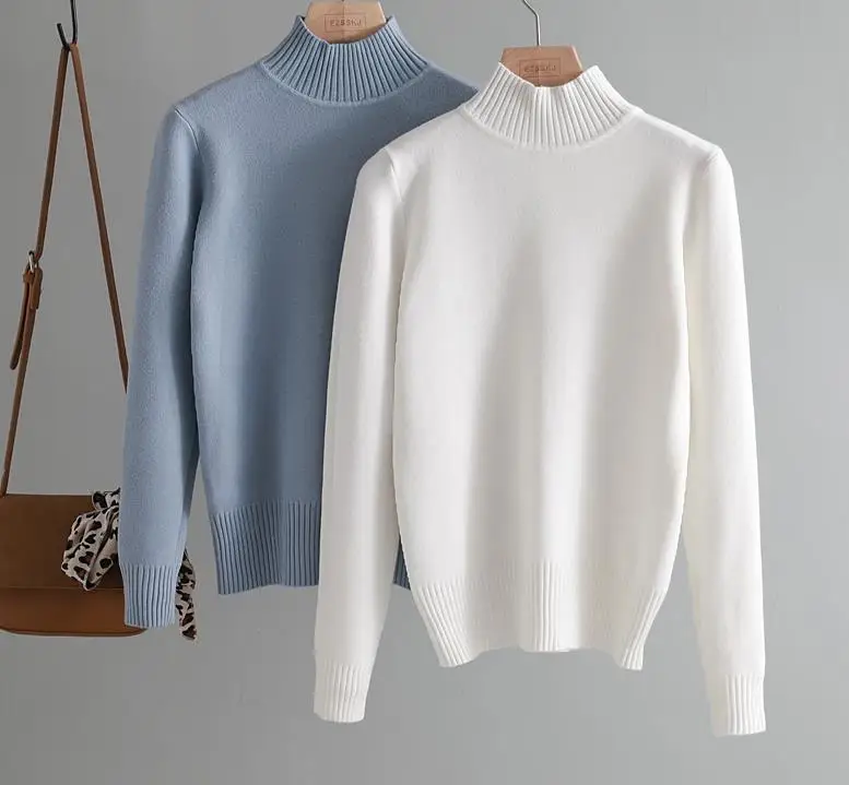 

Korean Style Loose Sweater Women Pullover Knit Sweater Female Jumpers Solid Basic Sweater Half Turtleneck Casual Long Sleeve