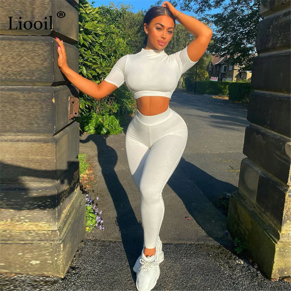 

Liooil Black White Two Piece Tight Set Women Tracksuits Sexy Crop Tops And Pants Short Sleeve Bodycon Jogging 2pcs Outfits Sets