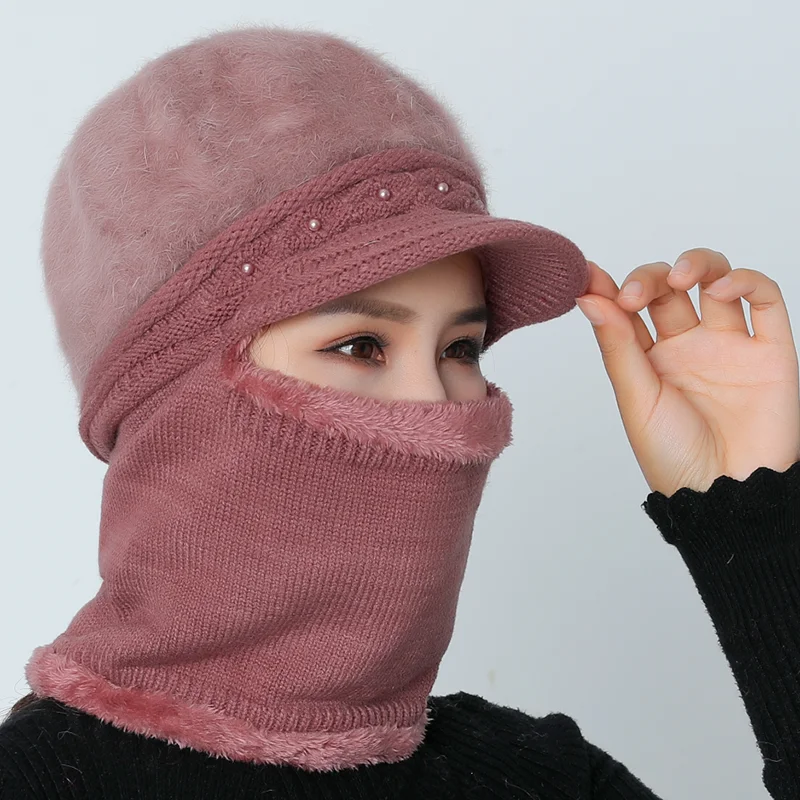 Высококачественные зимние шапки для женщин Skullies Beanie cap шляпки из шерсти набор теплая маска Gorras шапка из кроличьего меха Вязаная Шапка