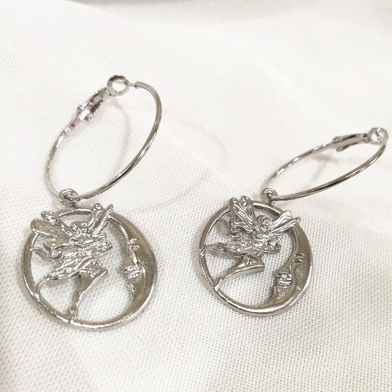 

Silver Color Zinc Alloy 30mm Large Hoop Earrings for women Chic myth Beauty Girl Moon Penant Hoop Earrings Dropshipping