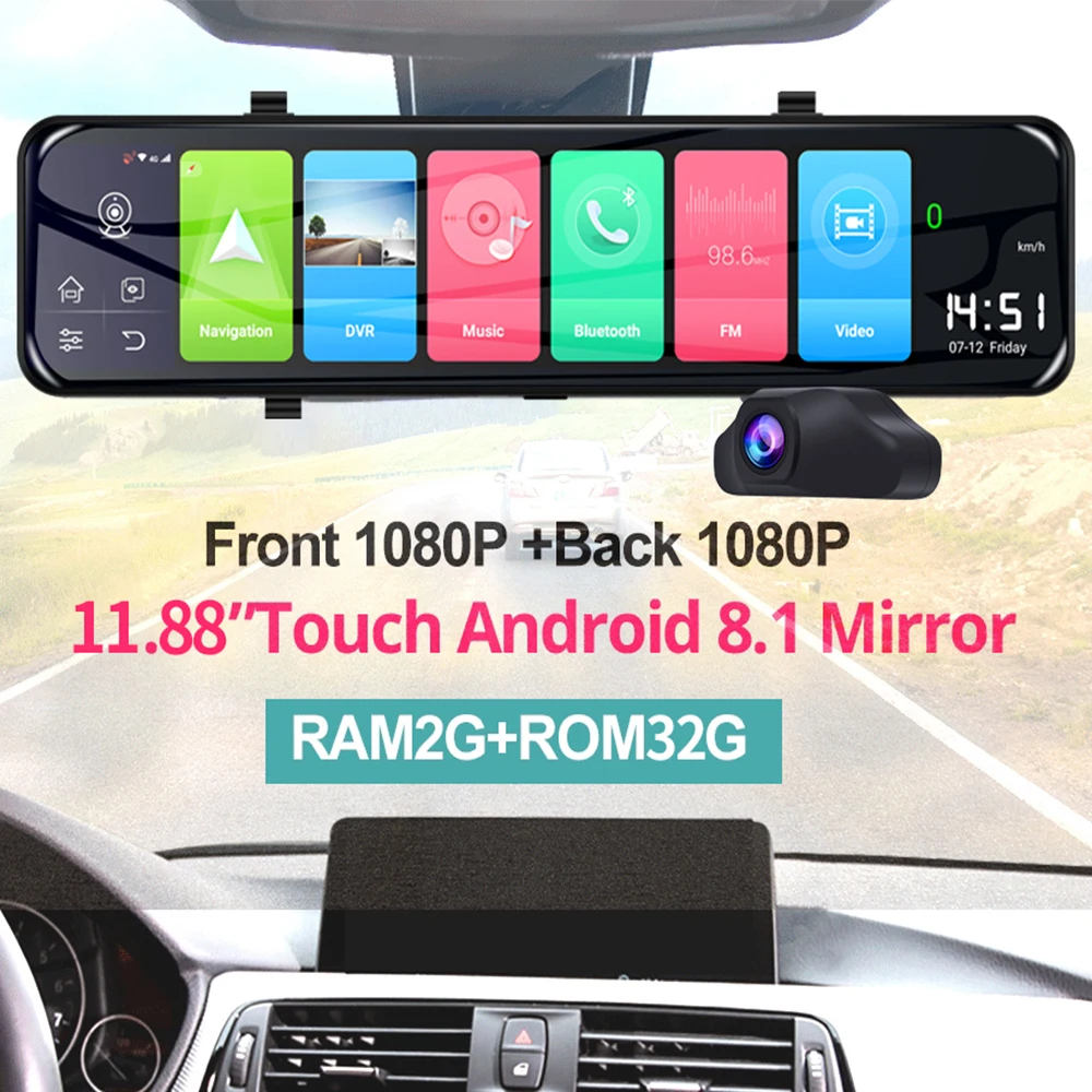 Зеркало заднего вида 12 дюймов Full HD 1080P Android сенсорный экран с Bluetooth WIfi GPS модуль