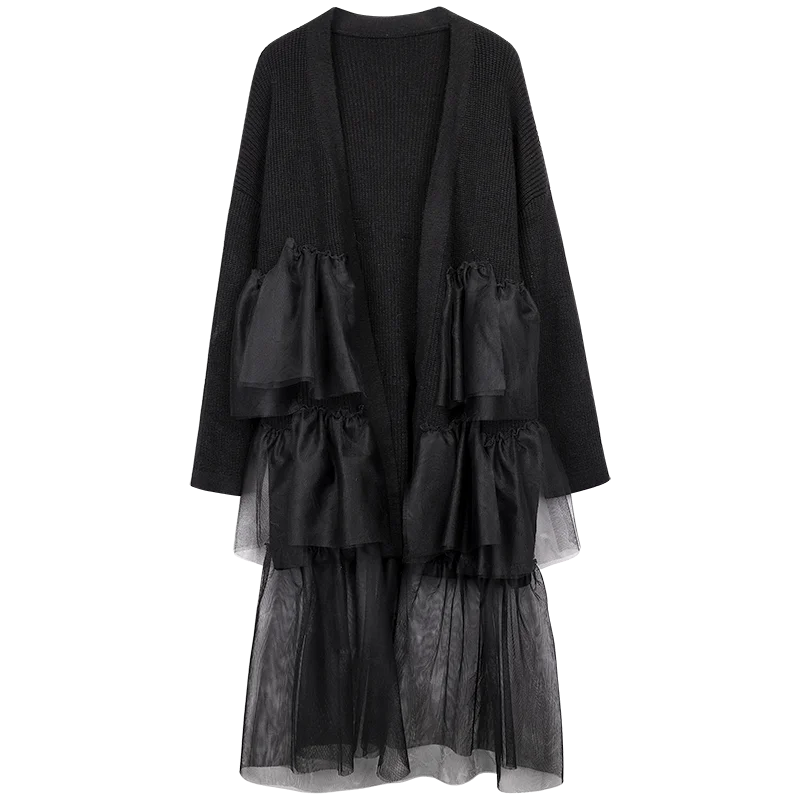 

2020 Autumn New Fashion Women Cardigan Mesh Patchwork Long Open Stitch Ruffles Loose Sweater Knitted Jumper Winter Long Knitwear