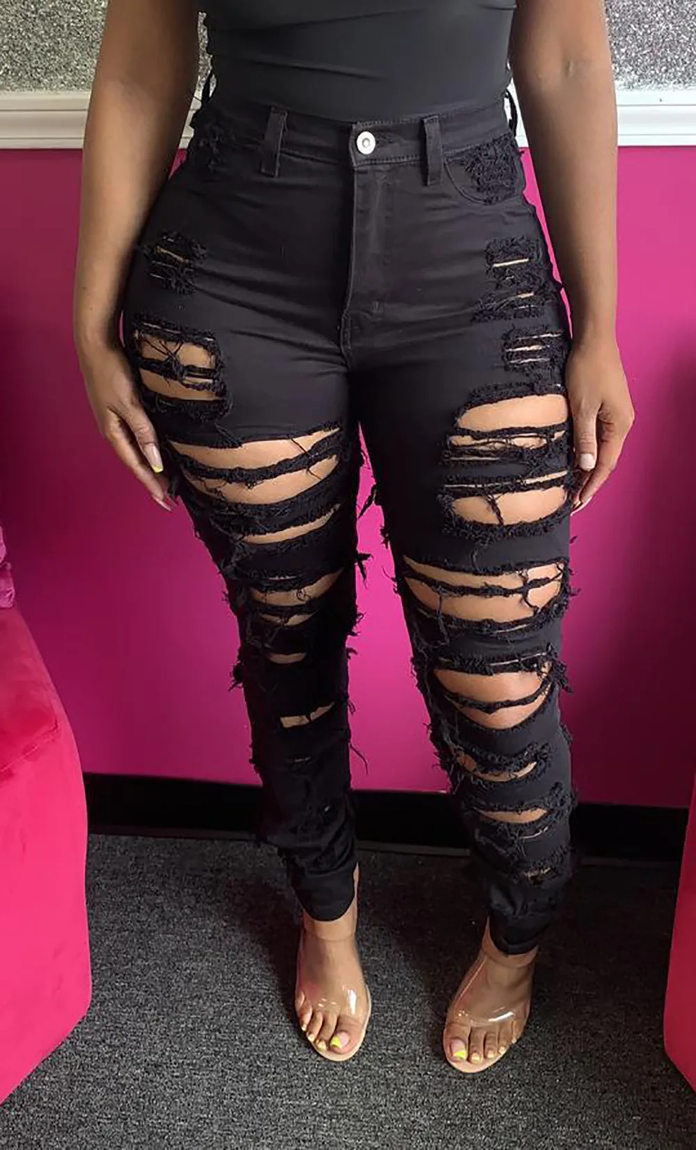 

European American Cross-border Summer New High Waist Big Broken Elastic Jeans Women's Skinny Pant Denims Night Club Bottoms