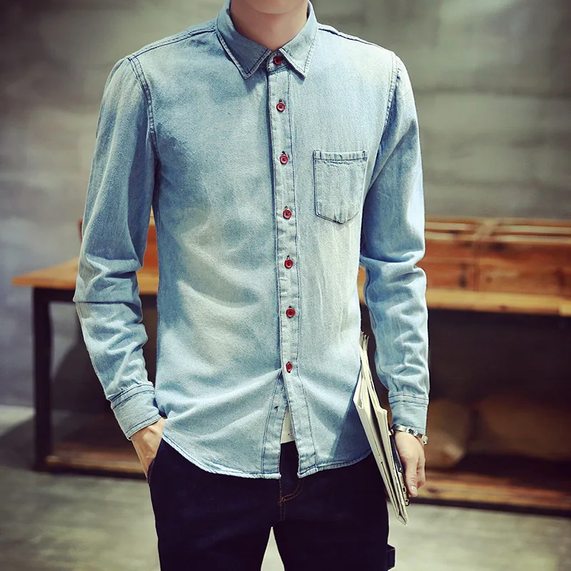 2019 мужские рубашки с длинными рукавами новые осенние светло голубые джинсовые