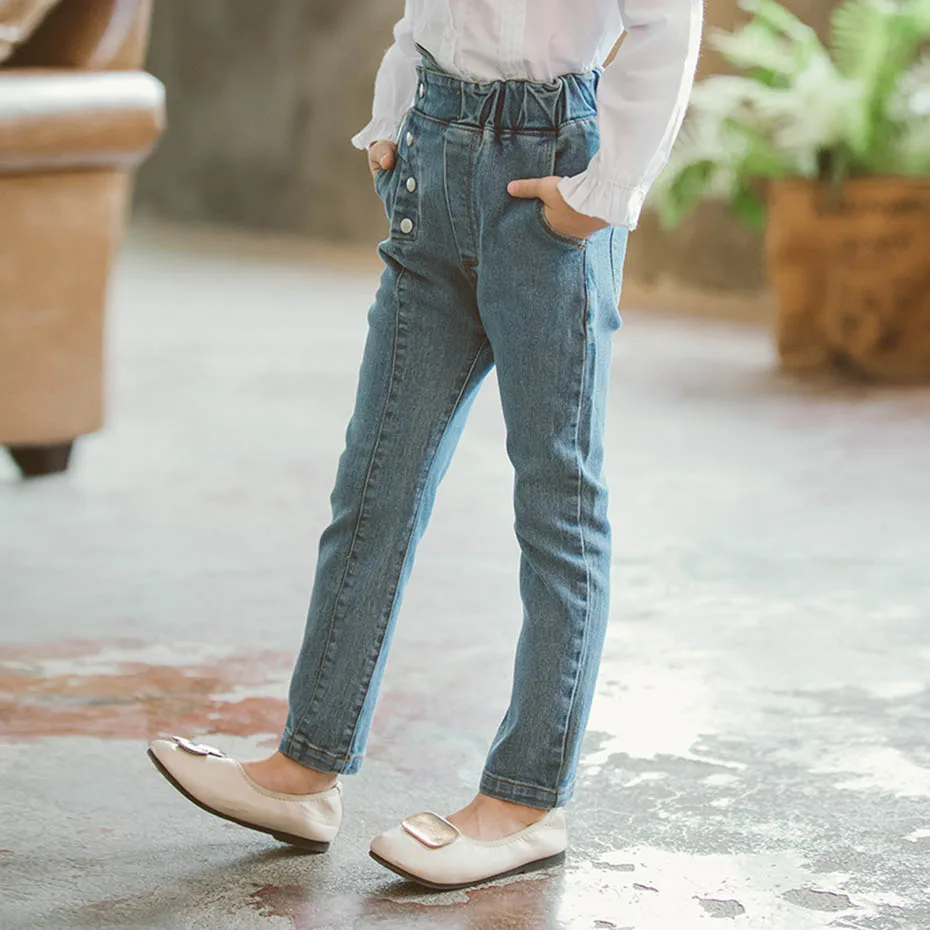 Джинсы джинсы для девочек с высокой талией однобортные лентами детей Осенние