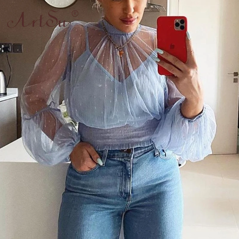 Женская прозрачная блузка в горошек ArtSu с рукавами-фонариками и высоким