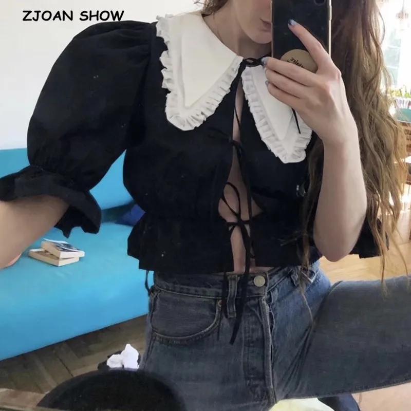 

2020 Retro Spliced Wood ear Peter Pan Collar Puff Short Sleeve Shirt CHIC Women Lacing up Short Blouse Exposed navel Tops