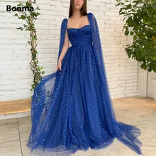 Booma-Vestidos brillantes de tul azul real estrellado para baile de graduación, vestido de fiesta Formal de corte en A, mangas largas con capa, 2022