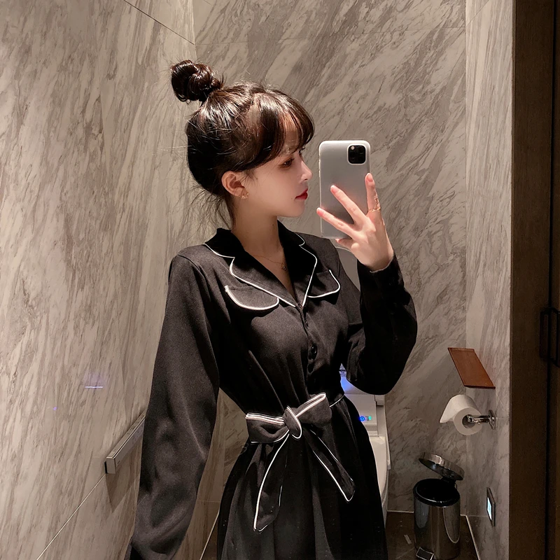 

Hirsionsan Turn Down Collar Office Lady Dress 2020 New Spring Chic Korean A Line Dress with Belt Vintage Plus Size Dress Women