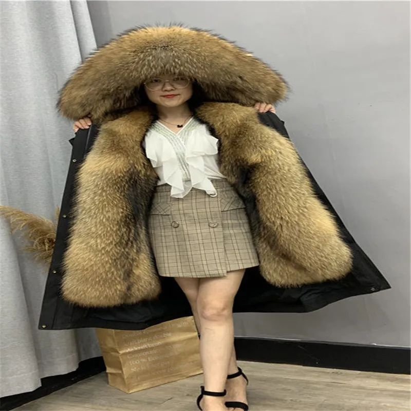 

2021 New Winter Women's Leather Coat Long Raccoon Fur Fur Lining Hooded Parka Big Raccoon Fur Collar Warm Fur Coat Jacket