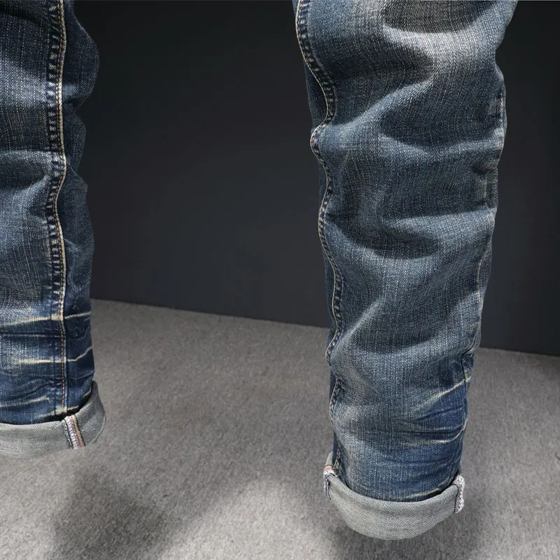 European American Vintage Fashion Men Jeans Retro Blue Elastic Slim Fit Ripped Jeans Men Distressed Designer Casual Denim Pants