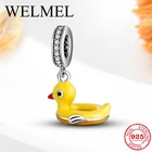 Шармы из стерлингового серебра 925 пробы, милая маленькая желтая утка, детское кольцо для плавания, кулон с цирконием, подходят для оригинального браслета сделай сам, эмалевое изготовление ювелирных изделий