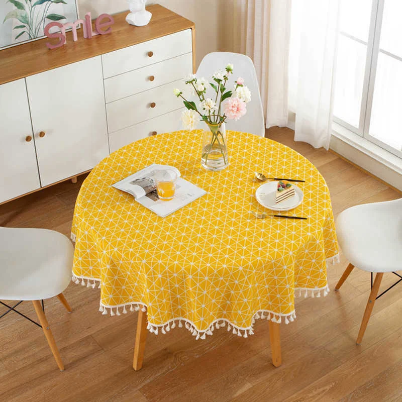 

American Style Stylish Striped Lattice Pattern Soft Cotton Washable Tablecloth with Tassel Wedding Cloth Cover for Christmas