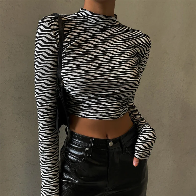 street shooting collar black and white color ripple girl long sleeve Pullover T-shirt women's autumn Rachel | Женская одежда