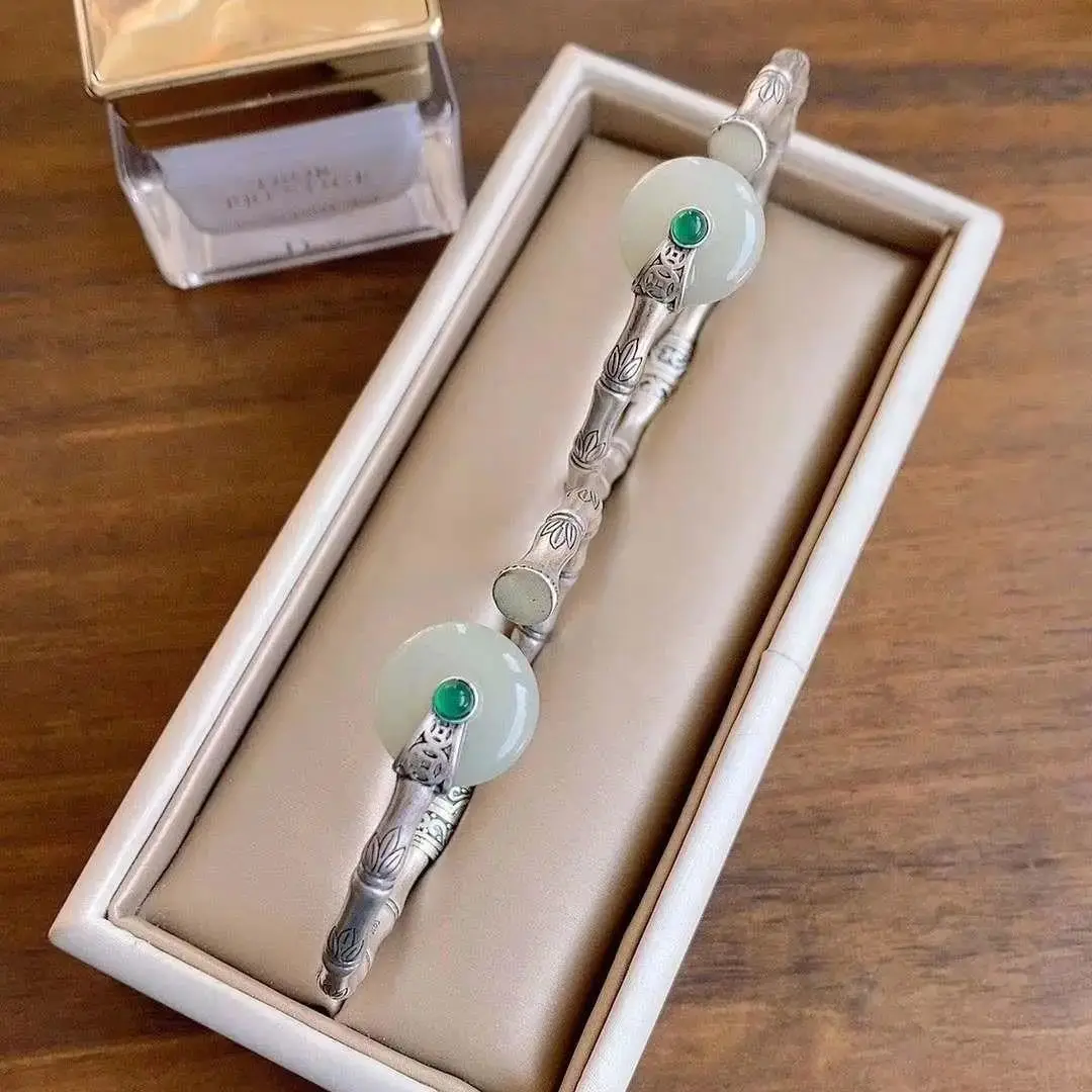 

Silver Inlaid Natural Hetian Yuzhu Bracelet Chinese Style Retro Unique Designer Craft Charm Female Brand Silver Jewelry