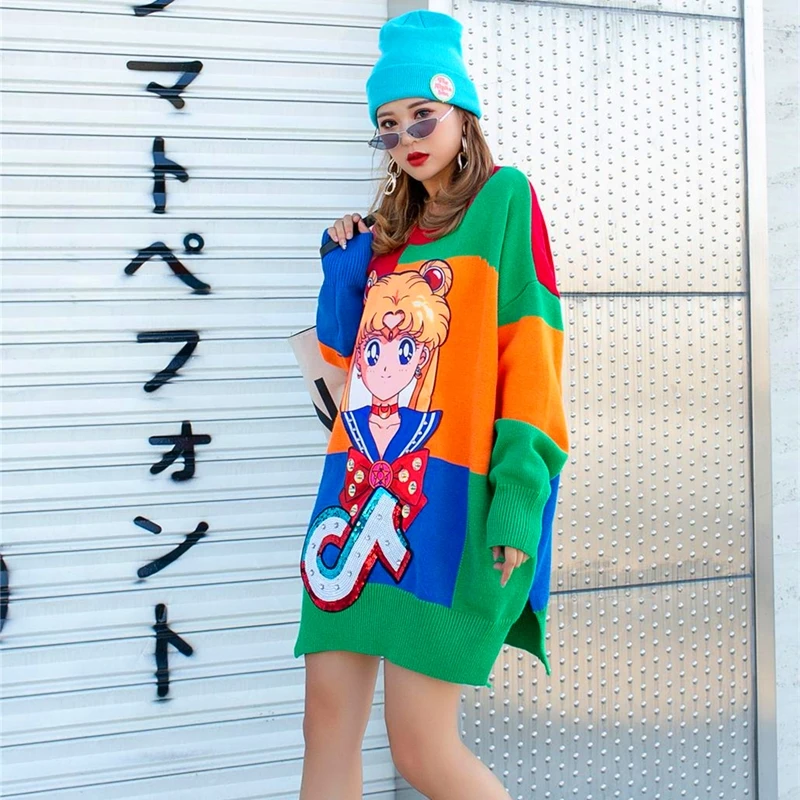 

Thailand tide brand autumn and winter thick lazy wind wild rainbow striped sweater mid-length loose sequin knit