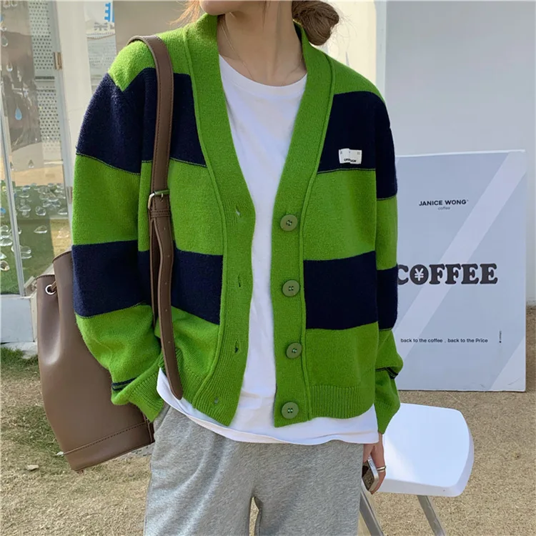 

Свободный вязаный свитер в стиле пэчворк зима 2021 женские кардиганы Топы оверсайз свитер с длинным рукавом и V-образным вырезом повседневные...