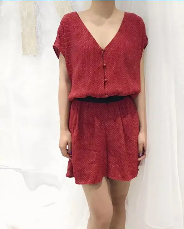 

Summer Red Polka Dot Print Short-sleeved V Neck Women Playsuit